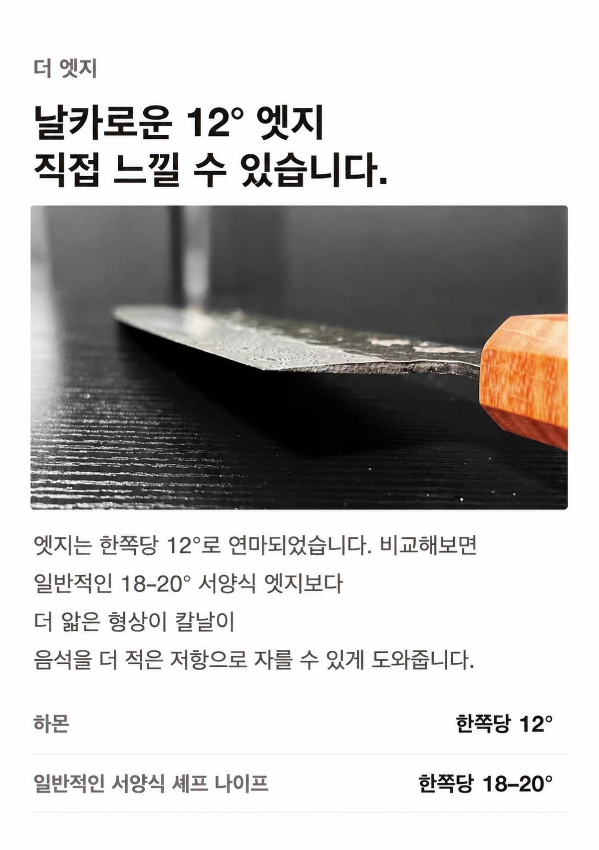 The edge: a thin 12 degree edge you can feel